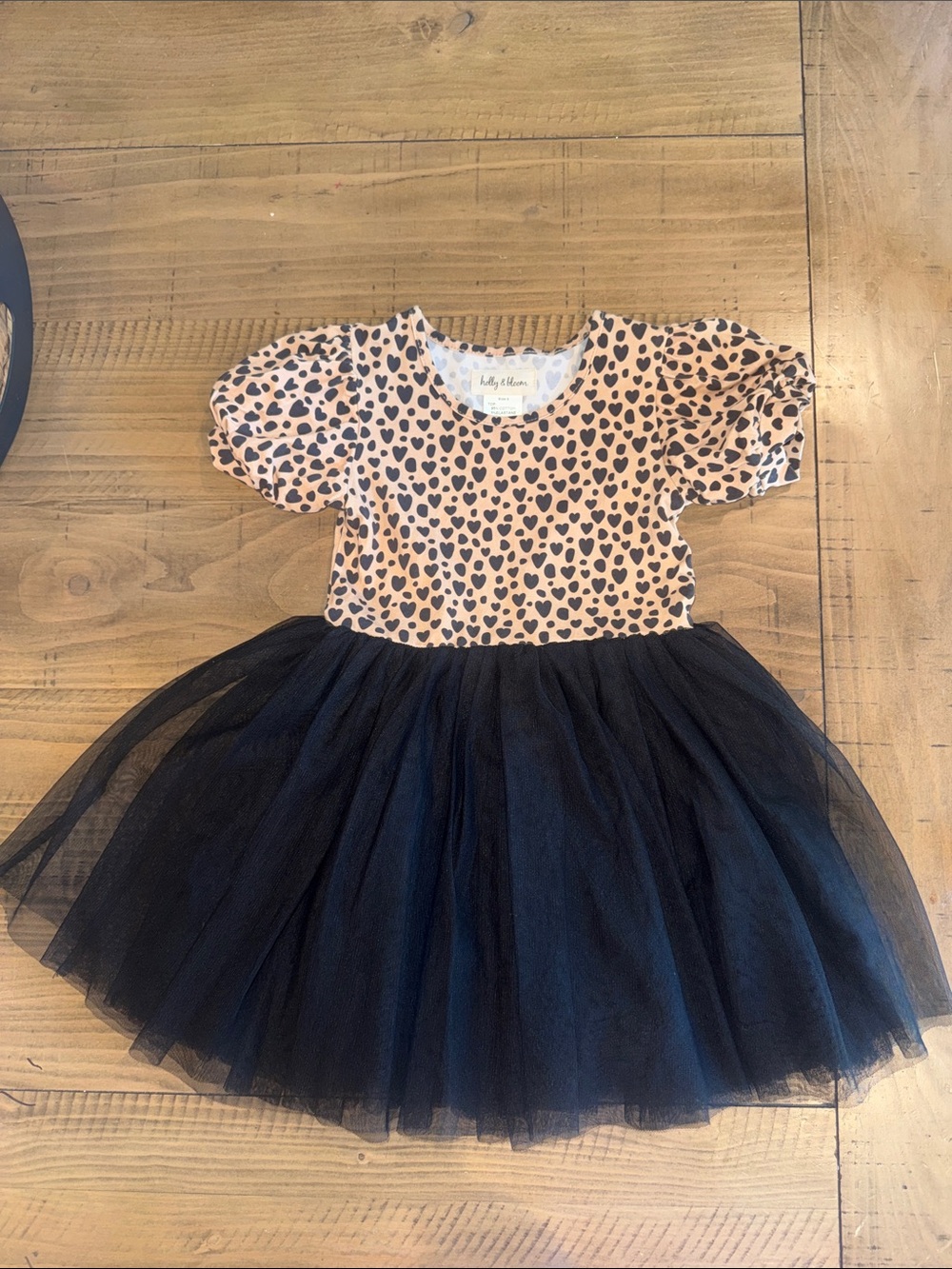 Holly & Bloom Tan Heart Print Puff Sleeve Dress with Black Tulle Skirt